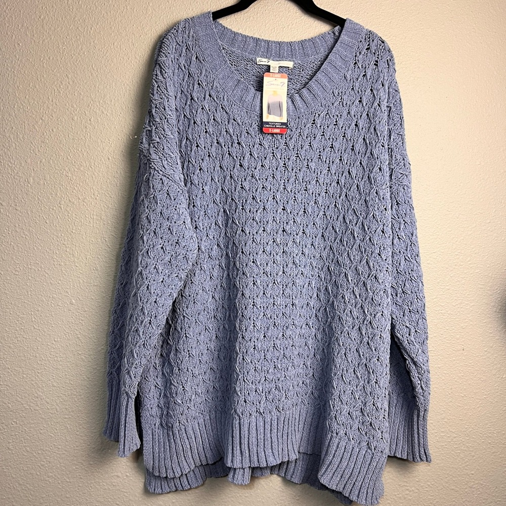 Seven7 Womens Cozy Periwinkle Textured Chenille Open Knit V-Neck Sweater XL NWT